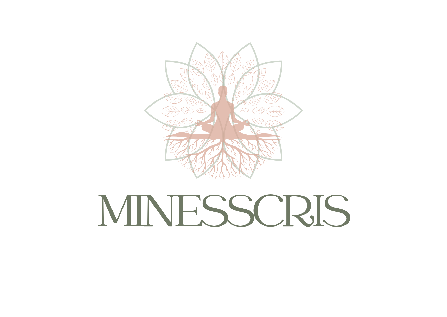 Logotipo de Minesscris con figura en meditación sin fondo, en tonos suaves naturales.